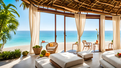 Luxurious beachfront retreat with open air seating tropical decor and stunning ocean views for ultimate relaxation