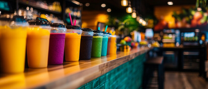 Vibrant smoothie bar with colorful drinks lined up on counter