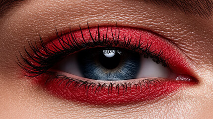 Obraz premium Intense Gaze: A closeup of a captivating blue eye with bold red eyeshadow, showcasing the beauty and allure of makeup artistry. The close-up framing focuses on the detail and intricate application.