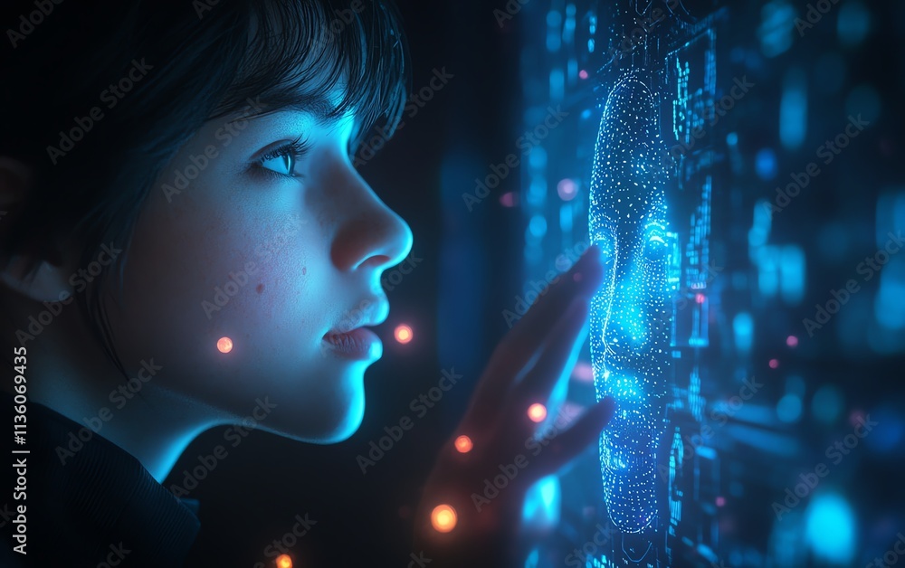 Poster person interacting with a virtual face recognition interface, glowing biometric data on a dark blue 