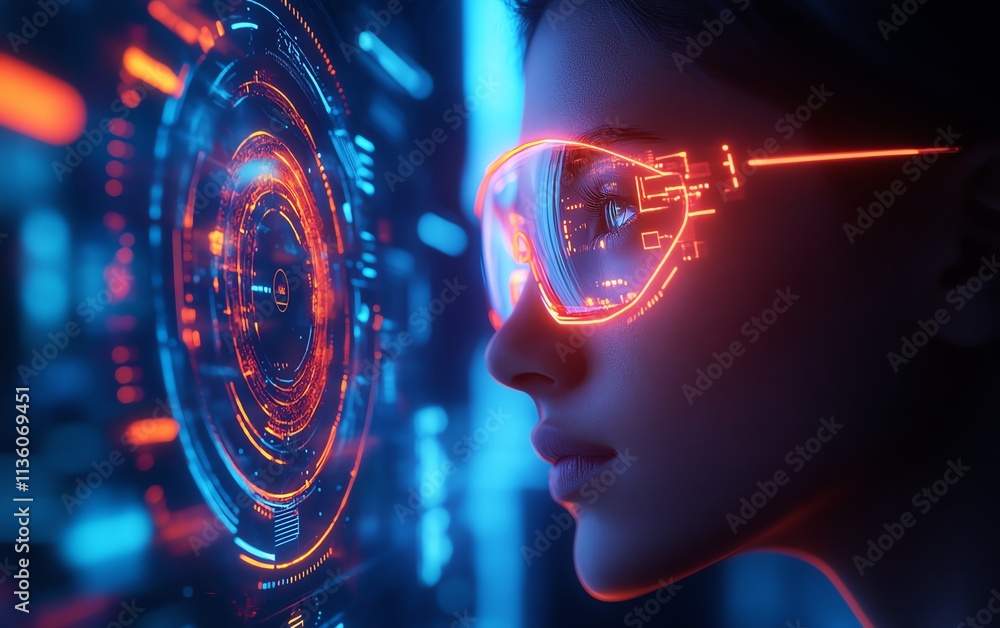 Poster person interacting with a virtual face recognition interface, glowing biometric data on a dark blue 