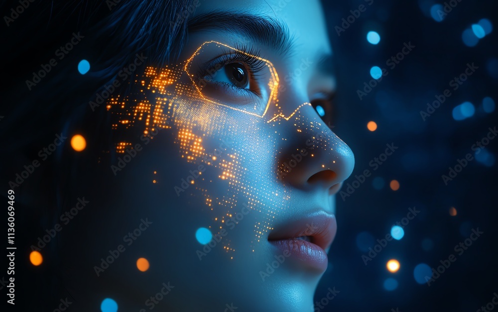 Poster person interacting with a virtual face recognition interface, glowing biometric data on a dark blue 