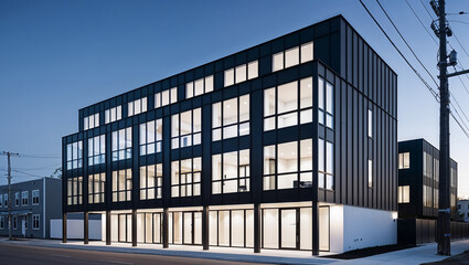 Fototapeta premium Modern black building illuminating the evening sky