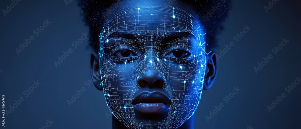 Aufkleber person s face mapped by a biometric face recognition interface, digital patterns and glowing data, d