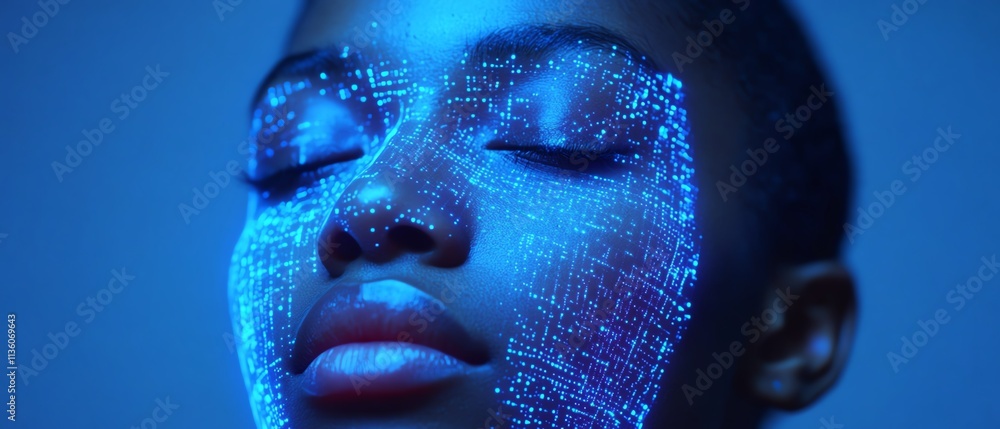 Poster person s face mapped by a biometric face recognition interface, digital patterns and glowing data, d