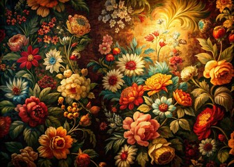 Captivating Low Light Photography of a Vibrant Floral Tapestry Showcasing Rich Colors and Intricate Patterns, Perfect for Nature Lovers and Home Decor Inspiration