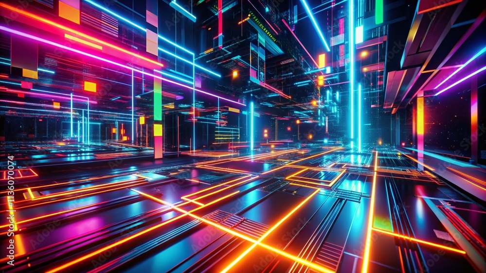 Poster captivating low light photography of technology-inspired neon patterns creating a dynamic visual bac