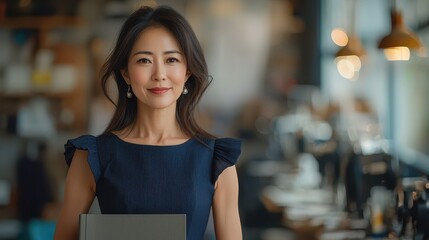 Middle-aged female fashion designer showcasing her collection in a stylish cafe setting