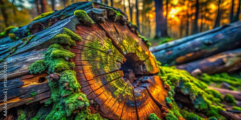 Poster captivating macro photography of a broken tree trunk with intricate textures and nature's resilience