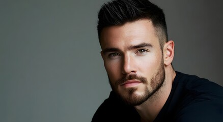 A captivating portrait of a man with neatly styled short hair and a perfectly groomed beard, exuding confidence and sophistication.