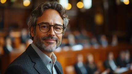 Fototapeta premium Middle-aged Caucasian lawyer smiling confidently in courtroom during proceedings