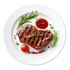Juicy Grilled Steak with Garnish and Fresh Herbs on White Plate