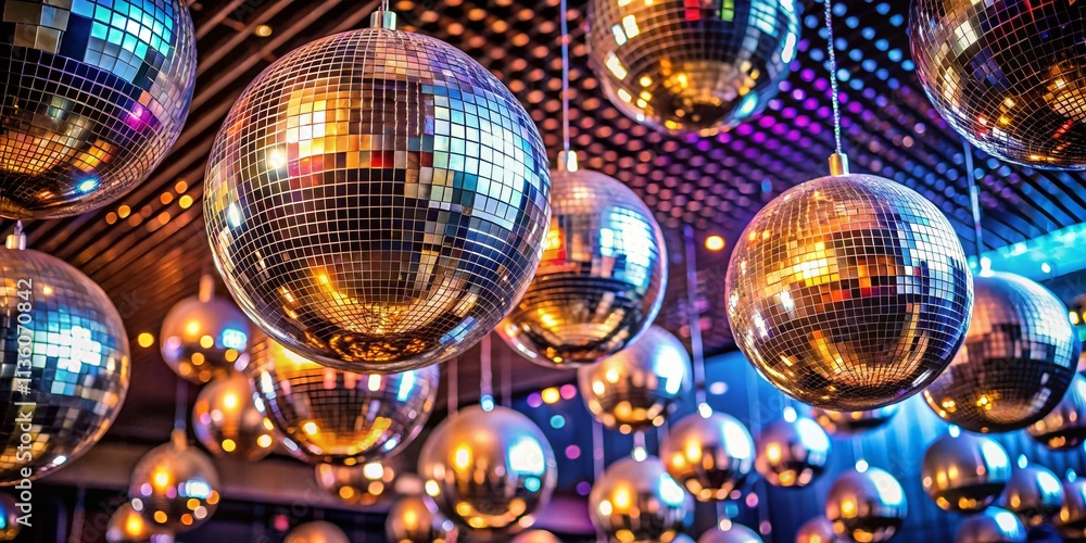 Poster Captivating Minimalist Photography of Rotating Mirror Balls in a Night Disco Party Atmosphere Under a Sparkling Ceiling for an Enchanting Visual Experience