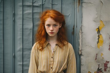 Obraz premium Portrait of a redhead teenager girl posing in front of a grey and white wall