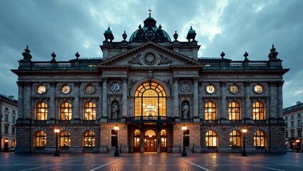 Naklejka premium Helsinki Main Railway Station Facade, Sculptures, Depth, Mood, Lighting, Atmosphere, AI Photo, Finland, Architecture, Travel, European, Scenic, 