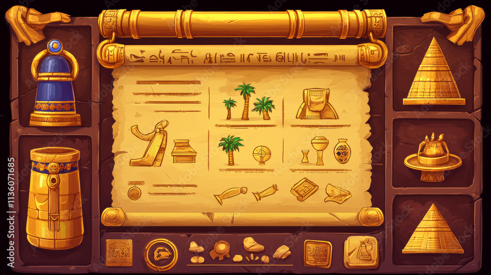 Poster egypt ui game interface vector button icon set. egyptian gui menu design kit with scroll banner temp