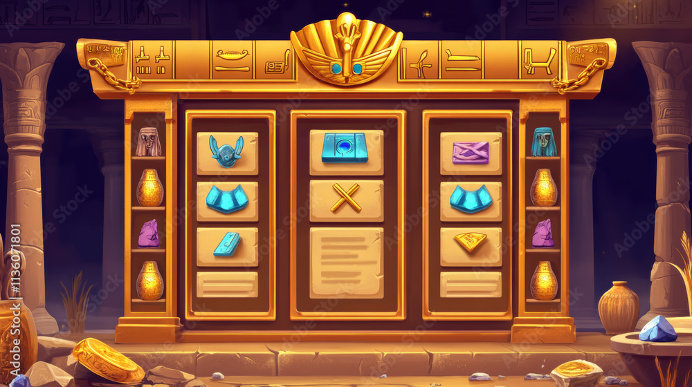 Poster egypt ui game interface vector button icon set. egyptian gui menu design kit with scroll banner temp