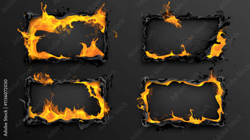 Poster fire on burnt paper edges. frames with burn effect with yellow flame, black ash and scorched edges o