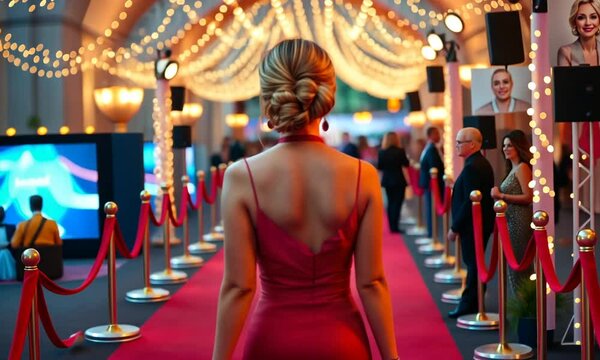 Elegance and glamour shine at a nighttime gala with sparkling lights and a red carpet atmosphere