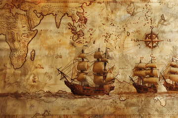 Vintage nautical map with sailing ships and compass rose