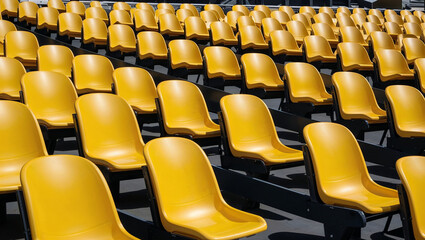 Rows of empty yellow stadium seats waiting for spectators