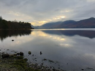 Sunset over the Derwent Water Lake 