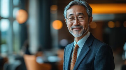 Fototapeta premium Senior male lawyer with graying hair smiles confidently in a modern office setting