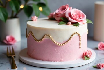 Modern Geometric Birthday Cake, Ultra HD, Minimalist Design, Metallic Accents,  High Definition,  Elegant Dessert