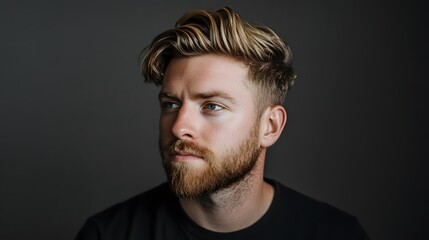 Obraz premium A captivating portrait of a young man with wavy, blond-highlighted hair and a neatly trimmed beard.