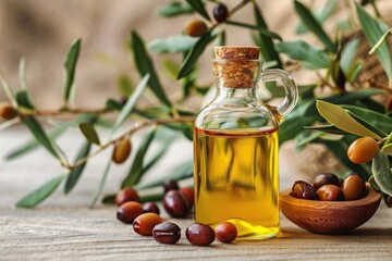 Close-up of jojoba plant leaves and seeds in a glass jar. Jojoba oil on a wooden surface. Nature and beauty concept. Generative AI