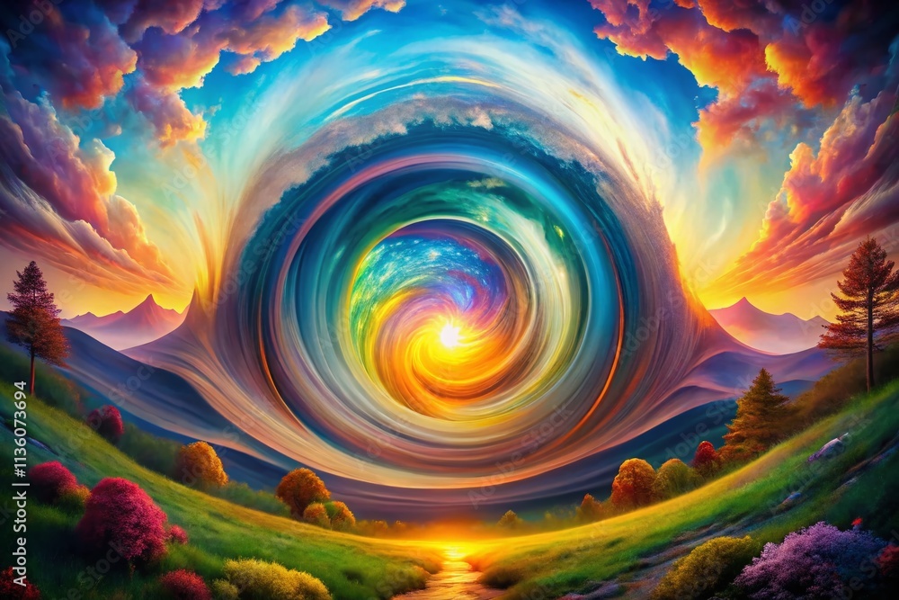 Poster captivating vortex portal: a colorful abstract landscape vision with dynamic swirls and ethereal ele