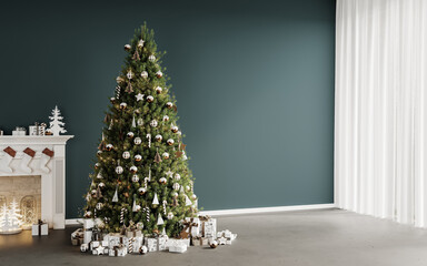 a christmas tree with a picture on the wall, living room interior mockup, empty Navy blue wall, 3D rendering