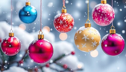 Colorful Christmas Ornaments Floating in Mid-Air with Soft Snow Gently Falling Around. Free Christmas Background. Chrismas Wallpaper. Cool Wallpaper 4k