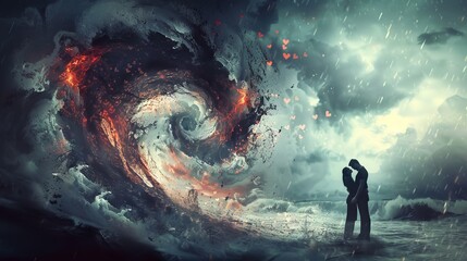 Whirling hearts  a digital art representation of love s intensity and chaos around passionate lovers