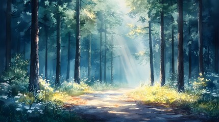 Fototapeta premium A serene watercolor painting of a sunlit forest path, surrounded by lush greenery and tall trees.