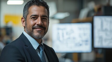 Experienced Hispanic architect in professional office setting working on designs