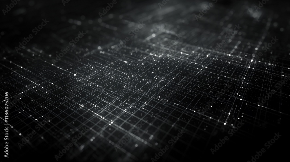 Poster abstract digital grid network, glowing lines and dots.