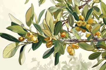 Botanical Illustration of Jojoba Plant with Green Leaves and Fruits on Branch for Natural Skincare Products. Generative AI