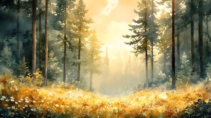 Fototapeta premium A serene watercolor painting of a sunlit forest path, surrounded by lush greenery and tall trees.