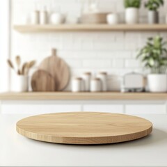 Empty wooden round table on blurred Scandinavian kitchen background, ideal for product display