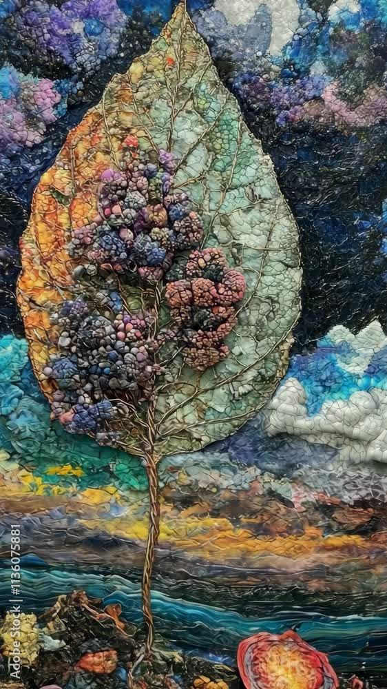 Poster artistic representation of a colorful tree with textured leaves and a vibrant background during suns