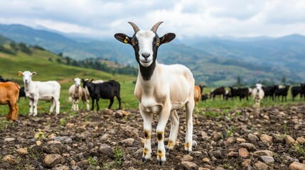 Fototapeta premium A Curious Goat Stands in a Pastoral Landscape Surrounded by Cattle, Capturing the Serenity of Rural Life in a Lush Green Environment