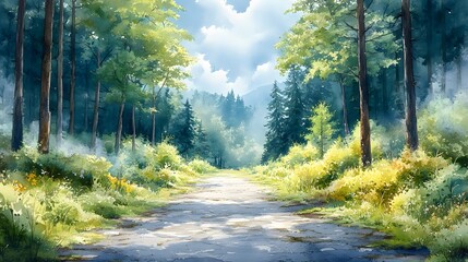 Obraz premium A serene watercolor painting of a sunlit forest path, surrounded by lush greenery and tall trees.