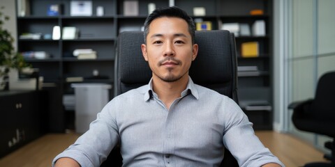 Confident man sits in an office environment, exuding professionalism and calm assurance amid a wall of shelves lined with books and files.