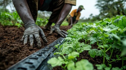 Naklejka premium Precision Farming: Engineers Installing Drip Irrigation System for Sustainable Agriculture