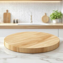 Empty wooden round table on blurred Scandinavian kitchen background, ideal for product display