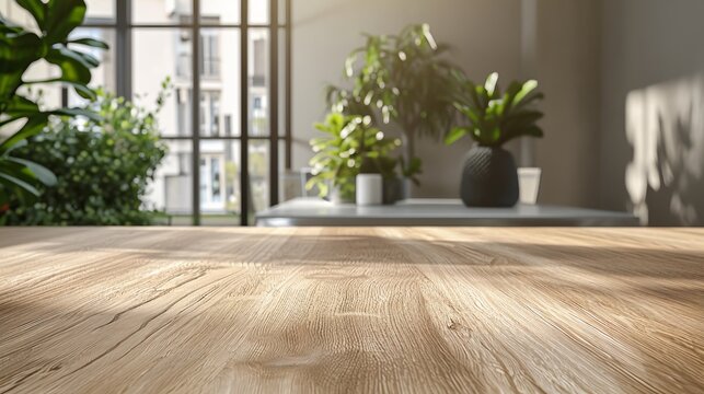 Close up of a minimalist desk with wood grain texture and plant in a professional office setting
