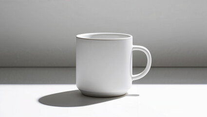 Obraz premium White mug casting a long shadow on a white table in bright sunlight