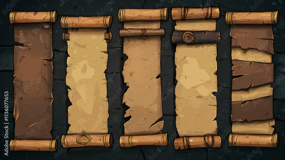 Poster parchment scroll for game ui design. cartoon vector illustration set of rolled empty old papyrus fra