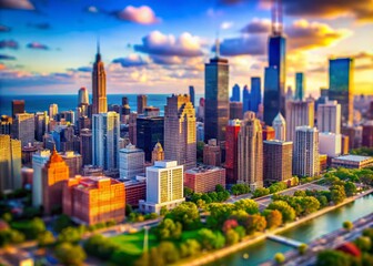 Obraz premium Chicago Skyline Tilt-Shift Painting - Vibrant Colors, Miniature Cityscape
